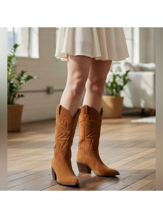 Time and Tru Shoes - Time and Tru Cowboy Boots Cognac Faux Suede Wide Size 9